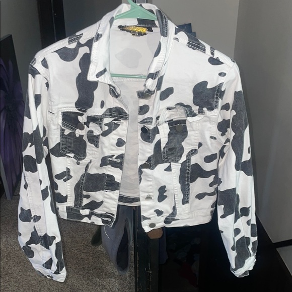 n/a Jackets & Blazers - Monochrome Cow Print Denim Jacket